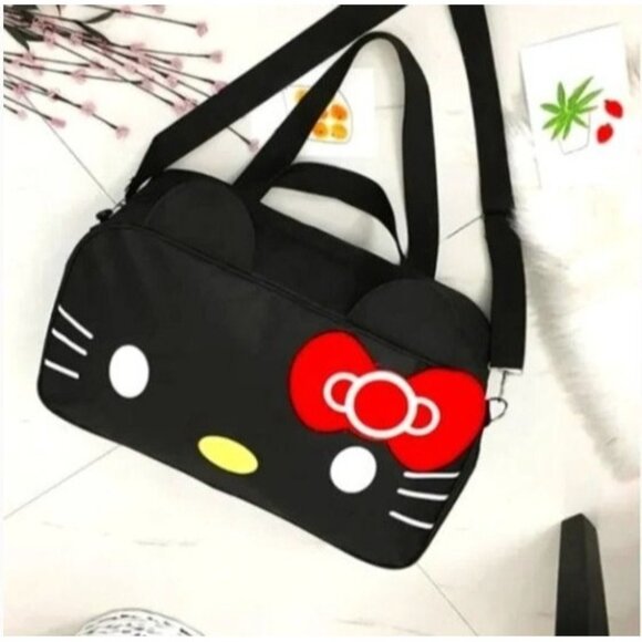 Hello Kitty Black Travel Duffel Bag With Red Bow & Adjustable Strap By Sanrio - Picture 4 of 6